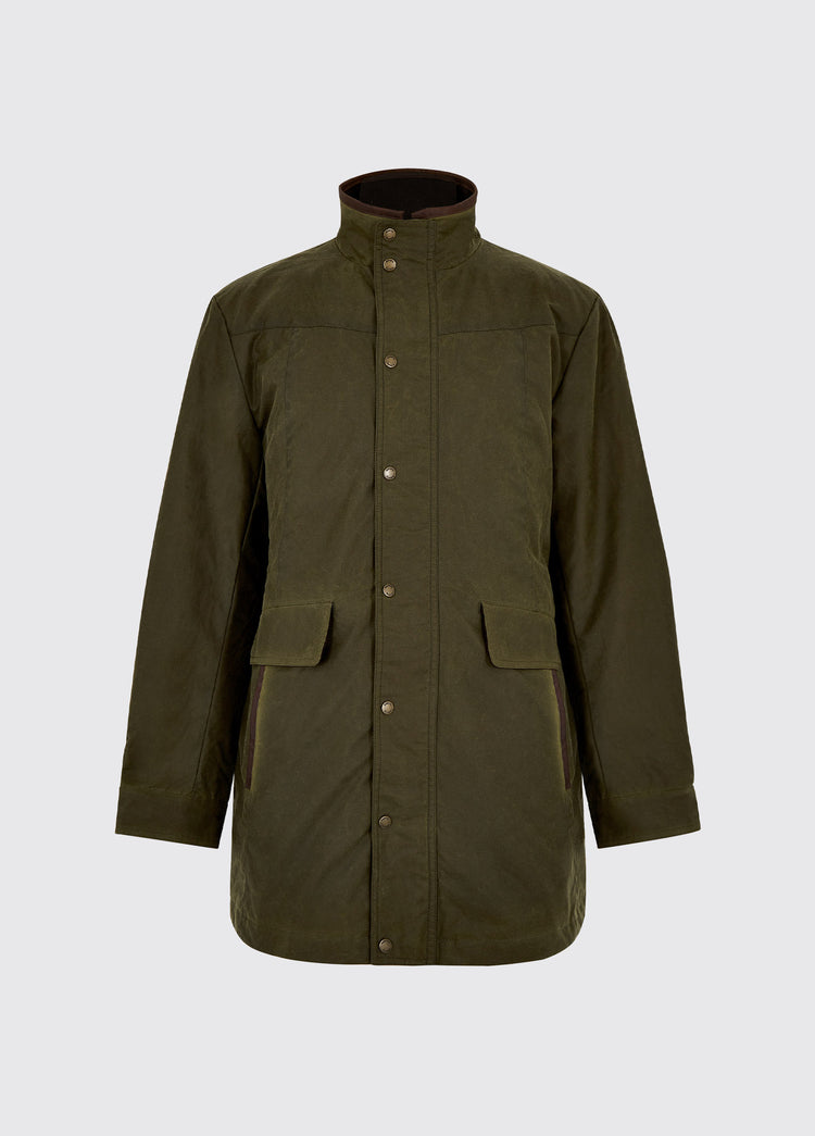 A men's Dubarry longer length wax jacket, fennel colour with leather details, a full zip, buttons and pockets