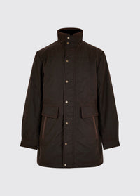 A men's Dubarry longer length wax jacket, java colour with leather details, a full zip, buttons and pockets