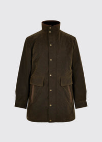 A men's Dubarry longer length wax jacket, olive colour with leather details, a full zip, buttons and pockets