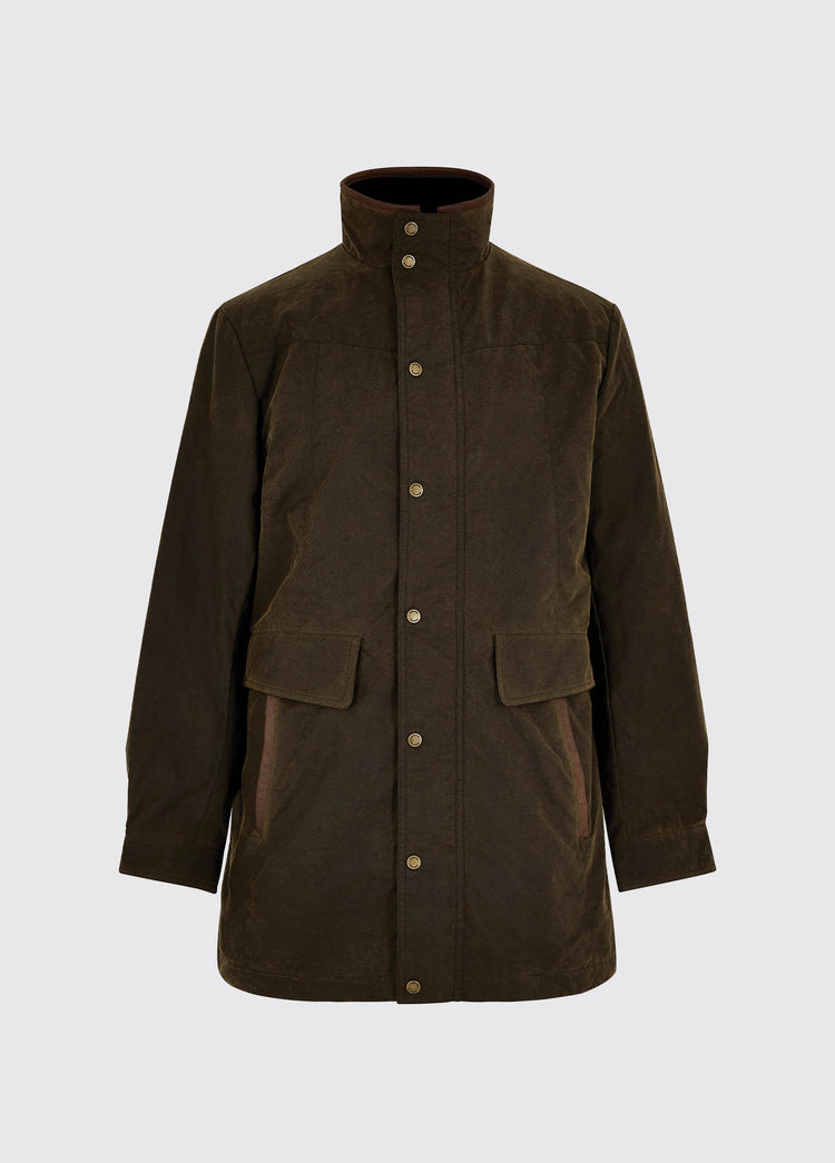 A men's Dubarry longer length wax jacket, olive colour with leather details, a full zip, buttons and pockets